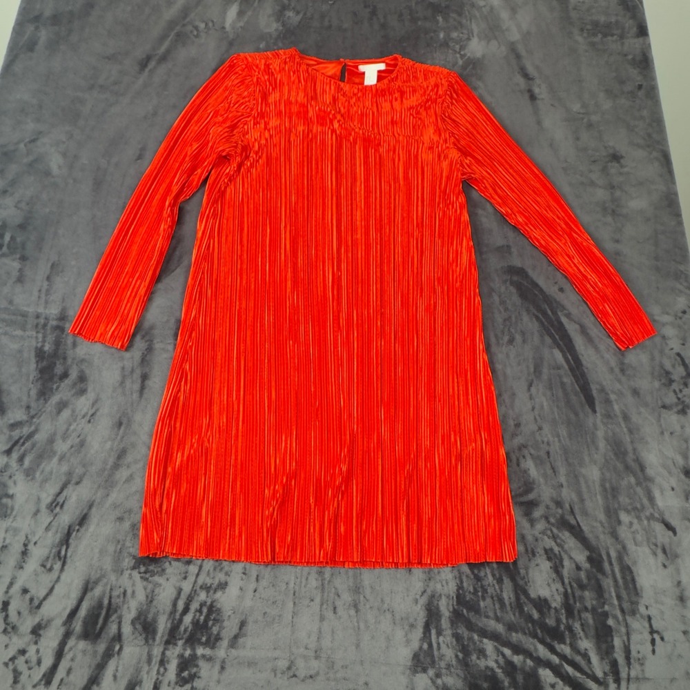 H&M Pleated Shift Dress Womens Medium Red Long Sleeve Accordion Mini 0562989 6
